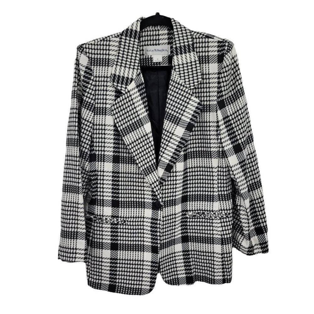 Vtg 80's Blazer Single Button Notched ‎ Lapel Academia Plaid Black White Sz M